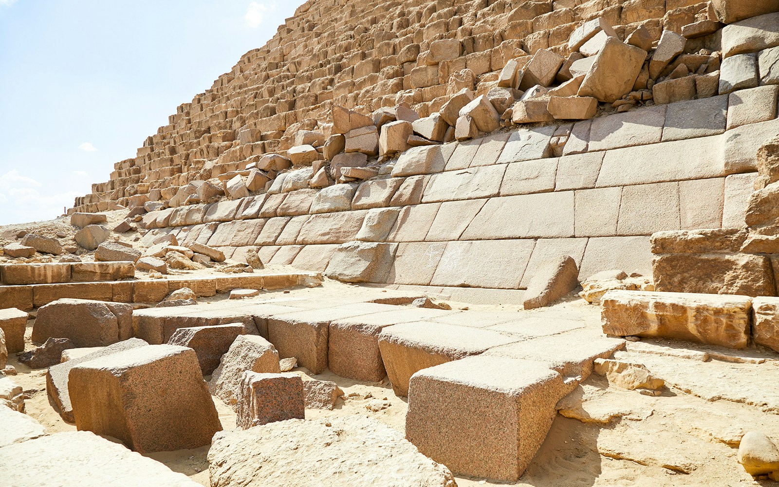 Pyramid of Menkaure's stone blocks and base at Giza, Egypt.