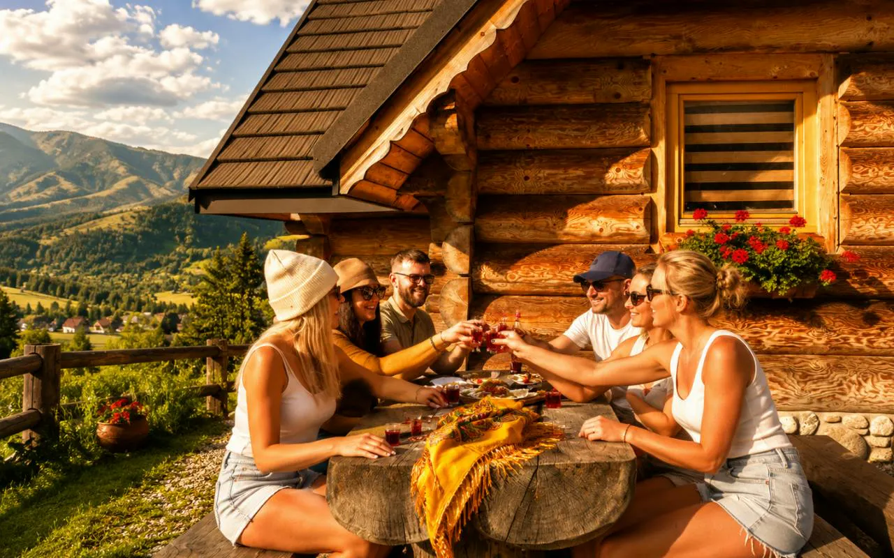 Group enjoying cheese and spirits tasting outside a wooden cabin in Zakopane with mountain views.