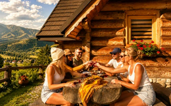 Group enjoying cheese and spirits tasting outside a wooden cabin in Zakopane with mountain views.