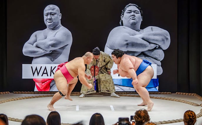 Sumo wrestlers competing at The Sumo Hall Hirakuza in Osaka.