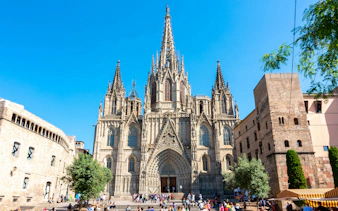 Cathedral of Holy Cross and Saint Eulalia facade in Gothic Quarter, Barcelona, Spain.