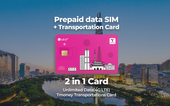 Prepaid SIM and transportation card with Seoul skyline, featuring Lotte World Tower.
