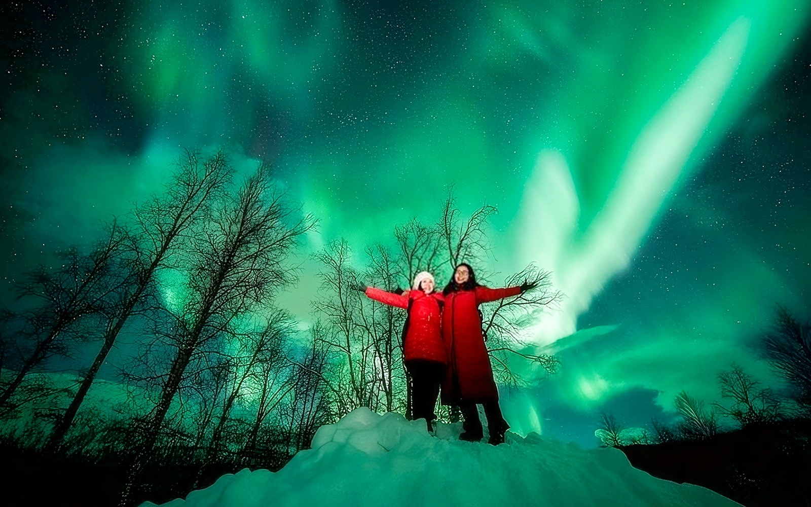 Guests on Northern Lights tour in Tromsø under vibrant aurora borealis.