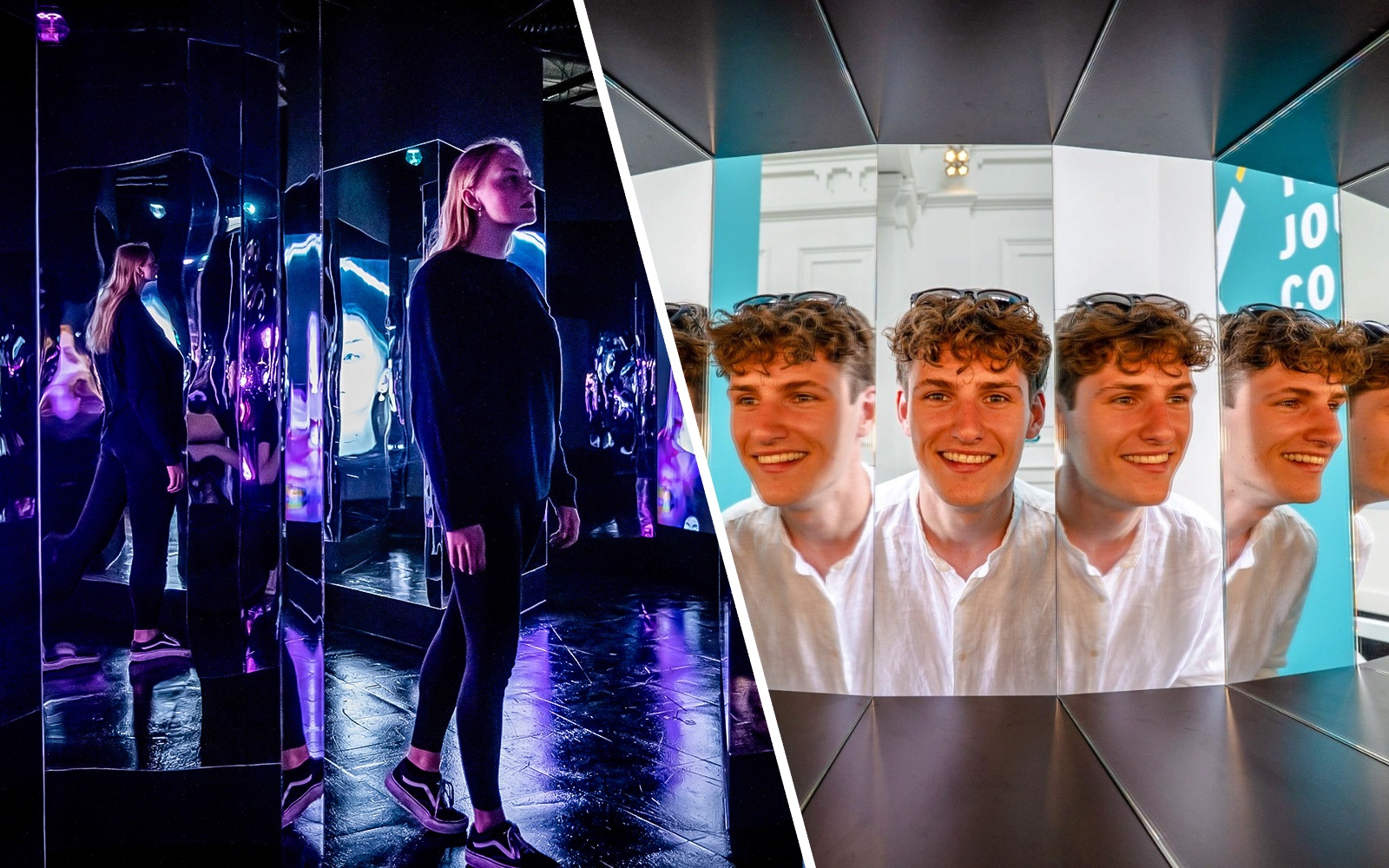 Guests exploring mirror illusions at the Museum of Illusions Amsterdam.