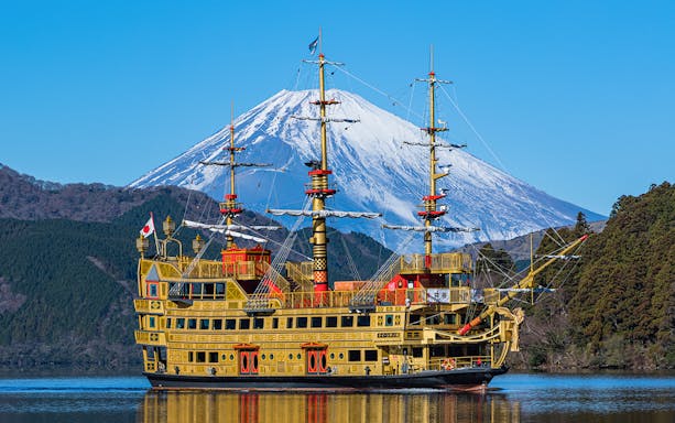 Pirate ship on Lake Ashi with Mount Fuji in the background, Japan.