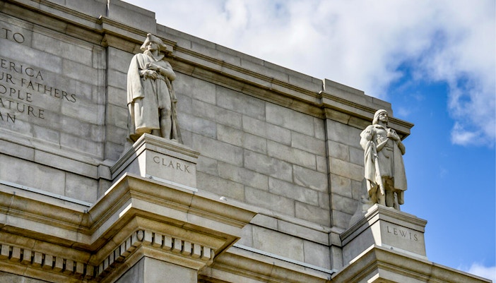 Lewis and Clark statue atop the American Museum of Natural History exterior in New York City.