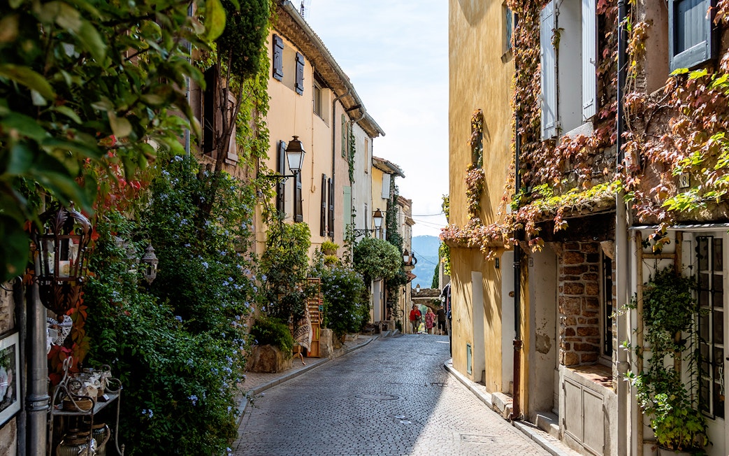 Narrow cobblestone street in Bandol, France, lined with ivy-covered buildings.