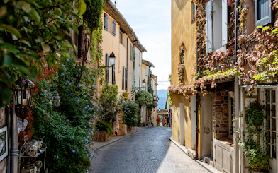 Narrow cobblestone street in Bandol, France, lined with ivy-covered buildings.