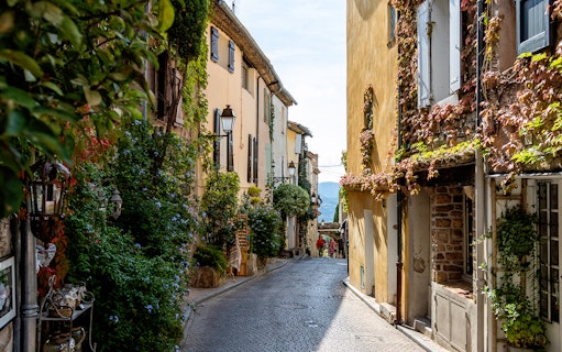 Narrow cobblestone street in Bandol, France, lined with ivy-covered buildings.