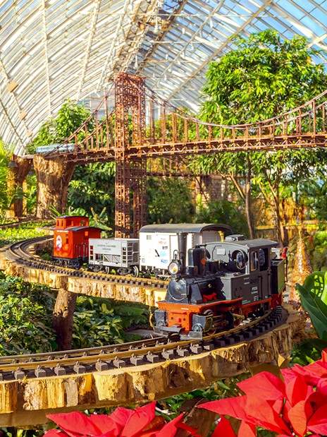 Model trains on tracks with festive decorations at New York Botanical Gardens.
