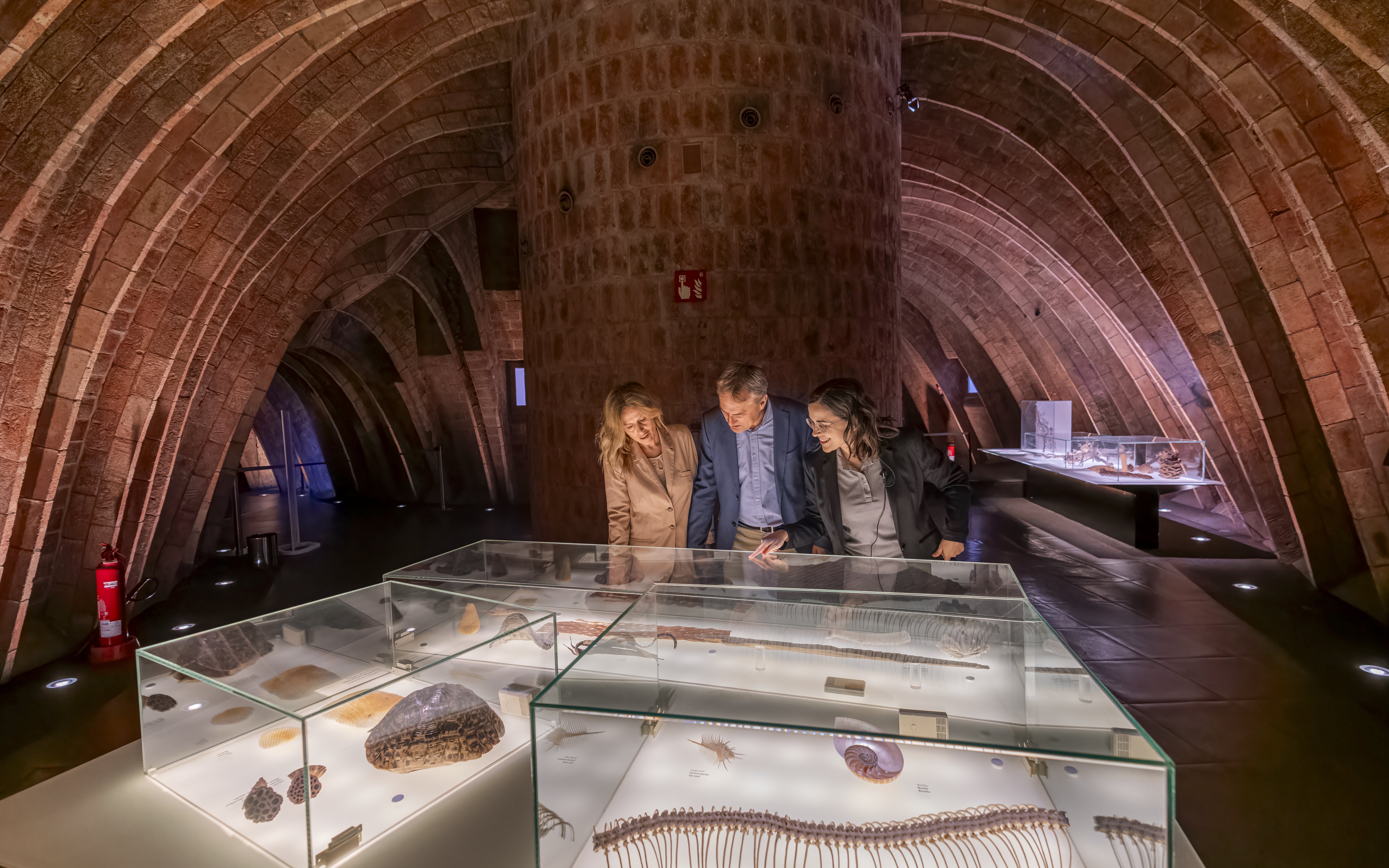 Tourist with guide examining artifacts in Casa Mila museum, Barcelona.