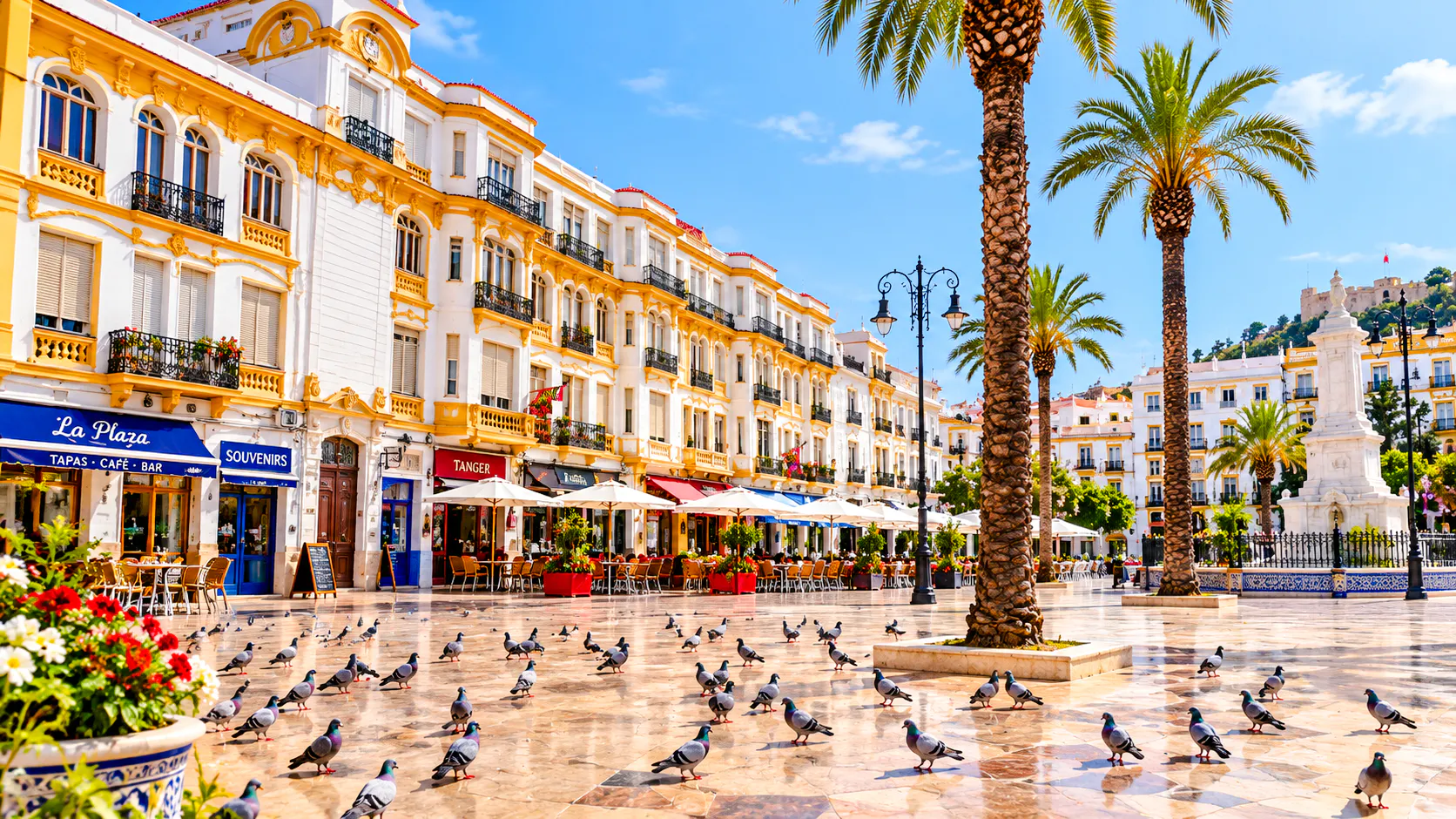 Tangier city square with cafes, shops, and pigeons, part of the Tangier Shopping Tour.