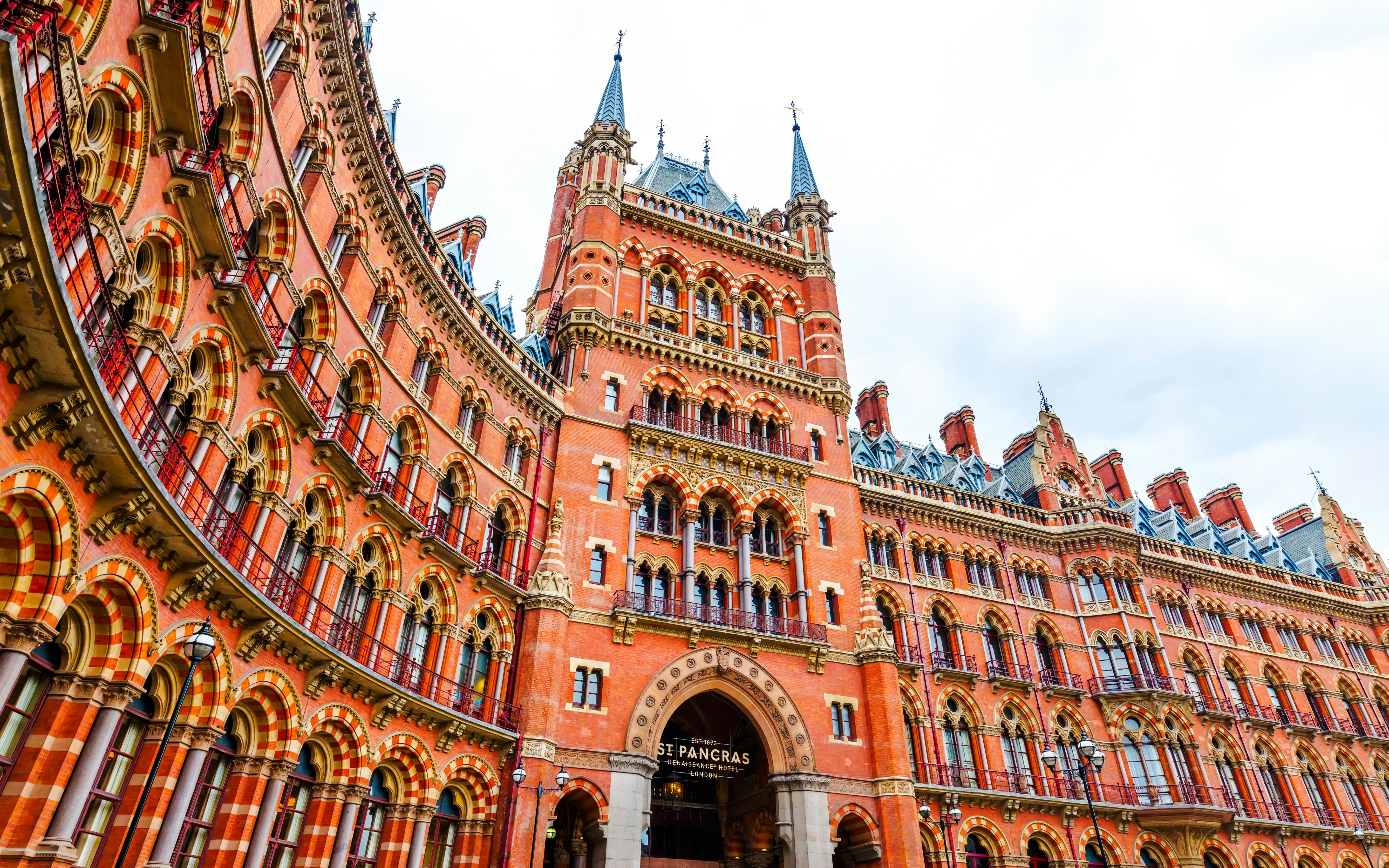 St Pancras railway station's Victorian Gothic architecture in London.