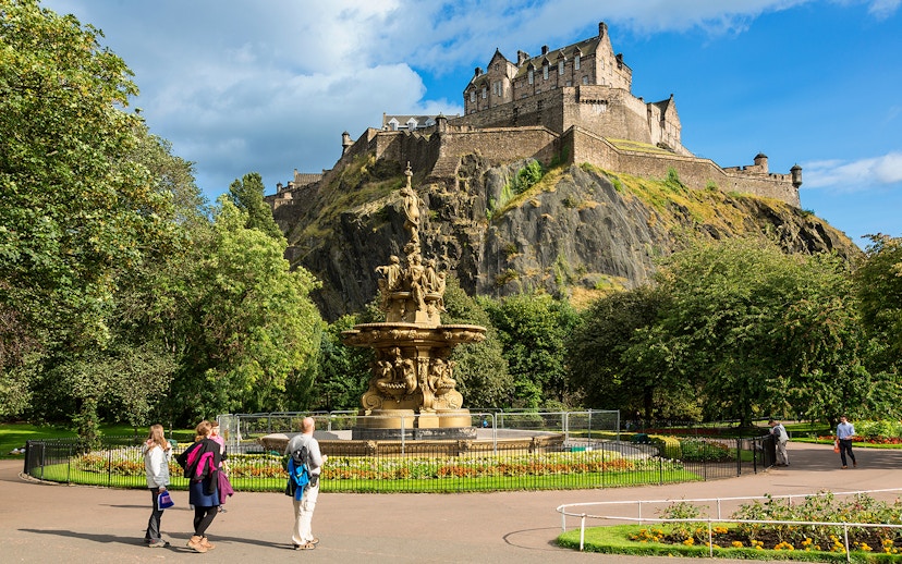 Princes Street Gardens with view of Edinburgh Castle, part of Glenfinnan, Glencoe, and Fort William tour.