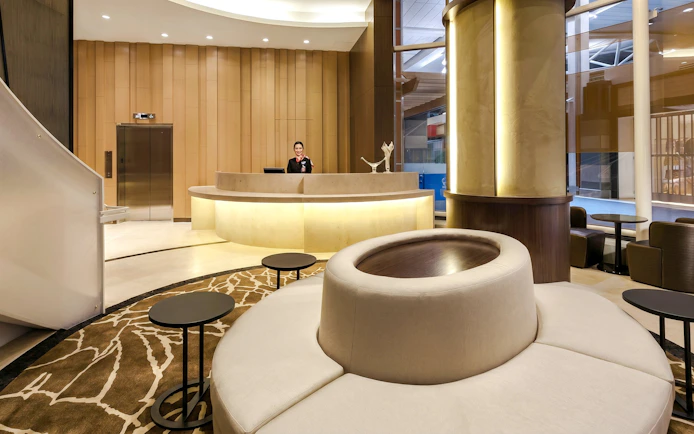 Reception area of Plaza Premium Lounge, Domestic Departures, Vancouver International Airport.