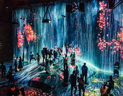 Visitors experiencing the mesmerizing waterfall of light particles at TeamLab Planets Exhibits in Tokyo