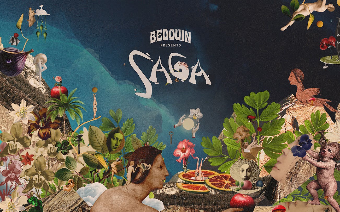 Collage of surreal elements with "Saga" text, promoting Chinois Ibiza event.