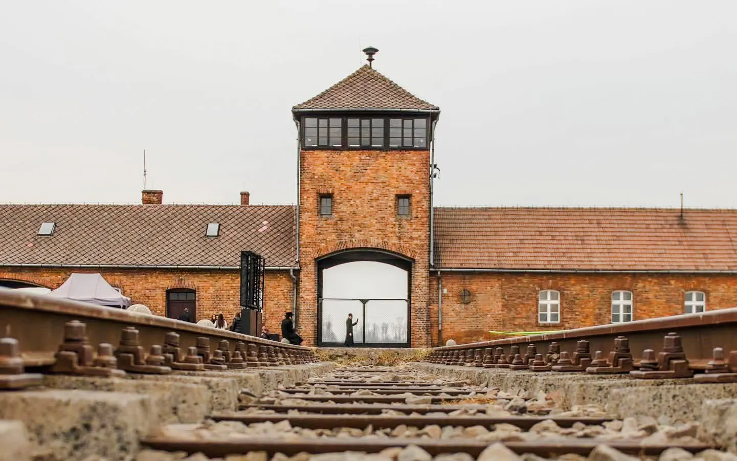 Rail tracks leading to the Gate of Death at Auschwitz II concentration camp.