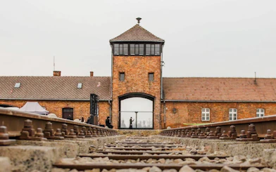 Rail tracks leading to the Gate of Death at Auschwitz II concentration camp.
