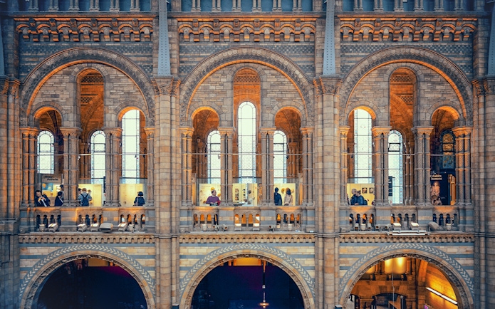 Visitors exploring exhibits at the Natural History Museum, London.