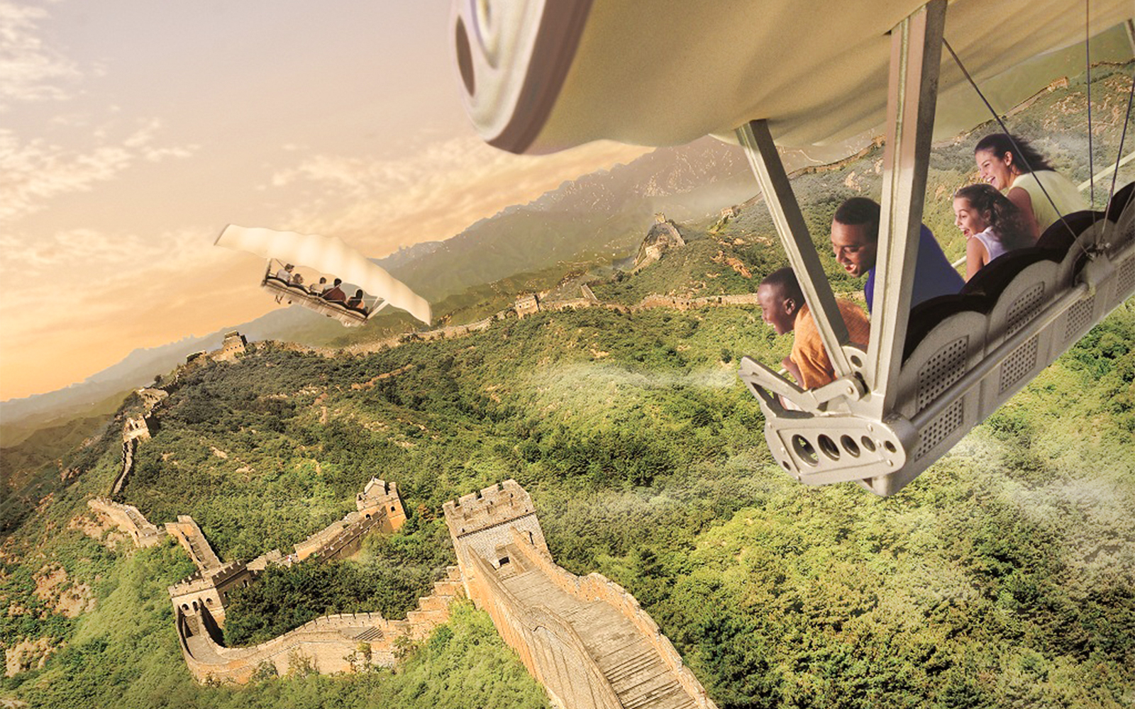Guests on a ride flying over the Great Wall of China at Disneyland Park, California.
