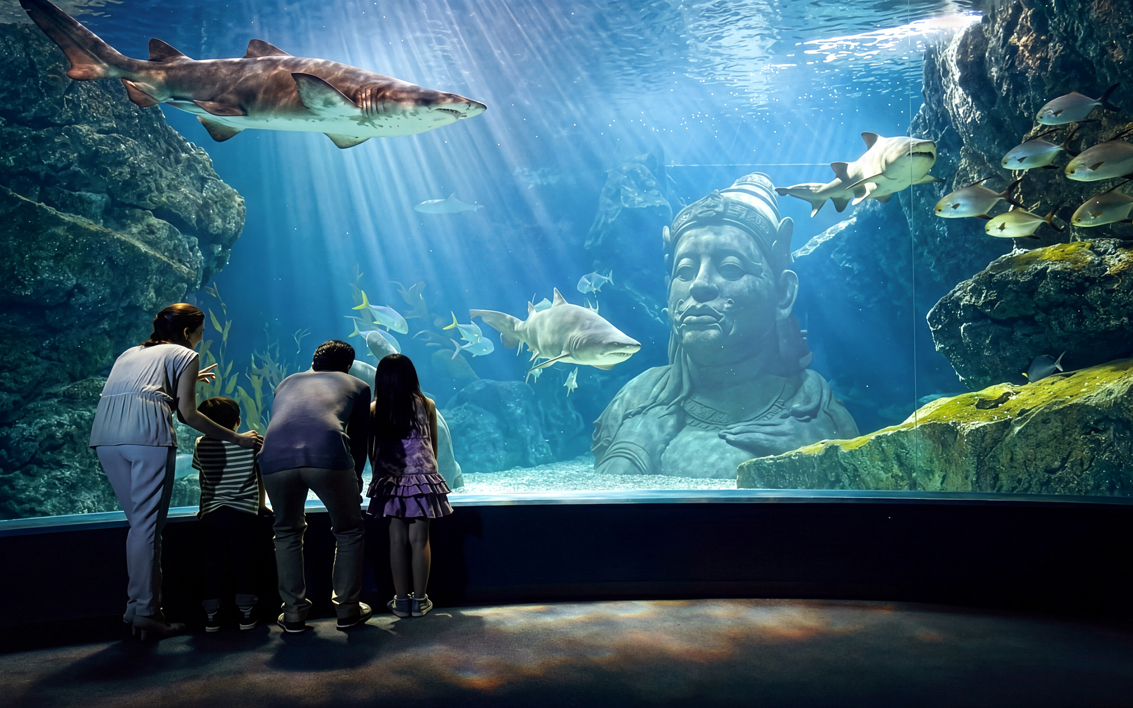 Family observing sharks and fish in SEA LIFE Bangkok aquarium with underwater statue.