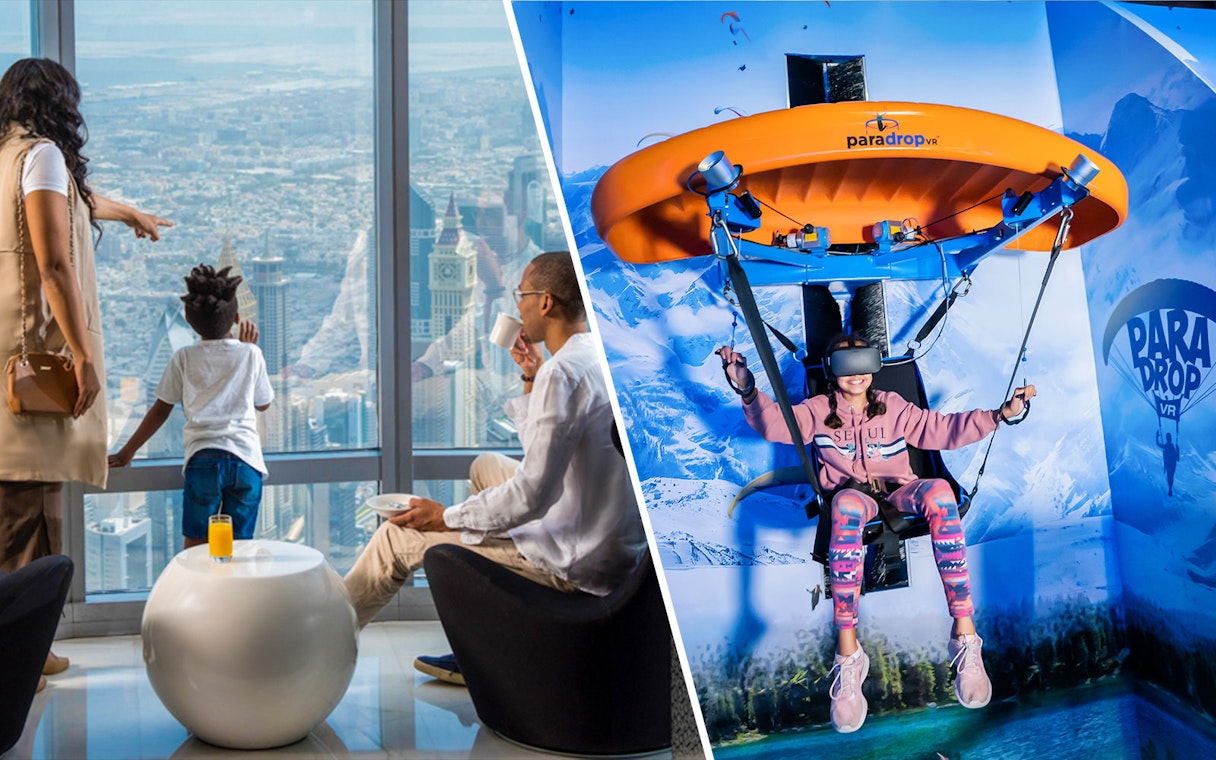 Family enjoying view from Burj Khalifa with coffee and pastry; child experiencing VR waterpark.