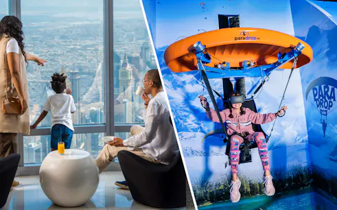 Family enjoying view from Burj Khalifa with coffee and pastry; child experiencing VR waterpark.