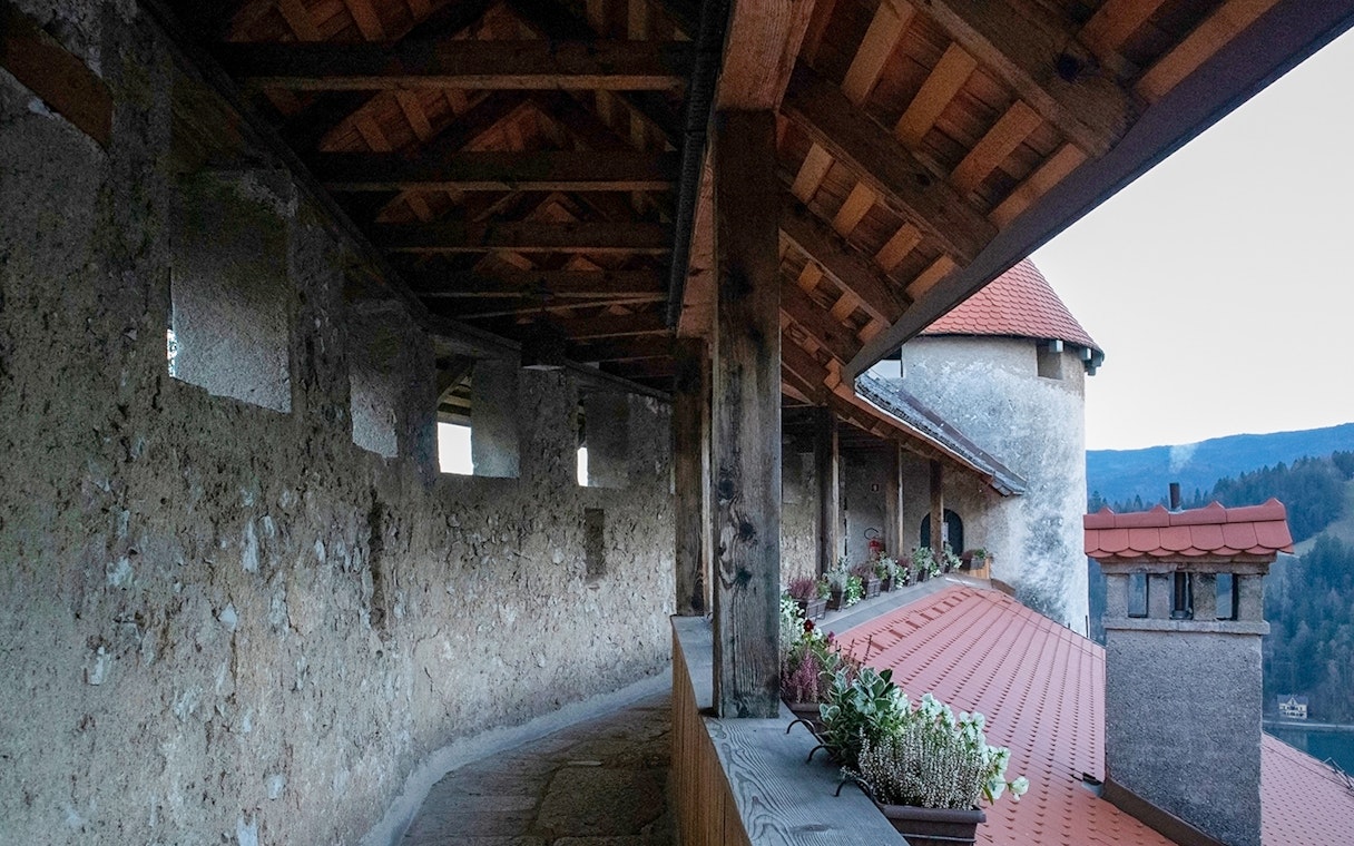Bled Castle defense wall with flowers and view of the surrounding landscape.