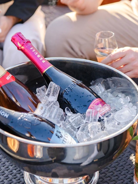 Champagne bottles in ice bucket with friends enjoying drinks on Prague yacht.