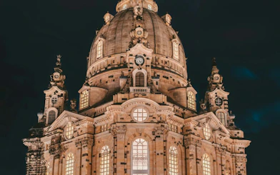 Dresden Frauenkirche illuminated at night, part of the Dresden Royal Ghost of August the Strong tour.