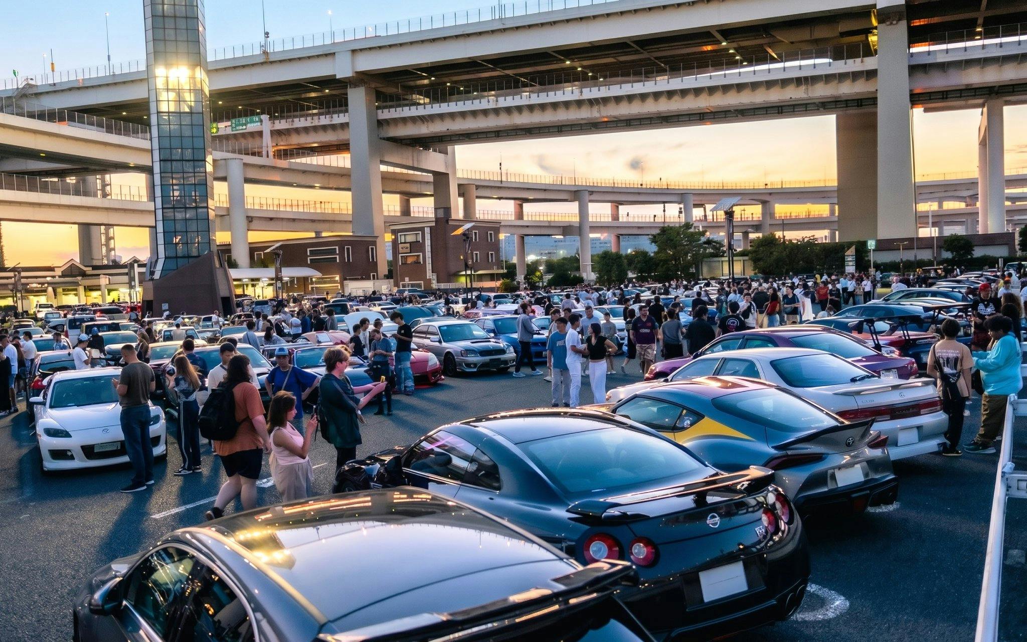 Car enthusiasts gather at Daikoku PA in Tokyo, showcasing diverse vehicles under highway overpasses.