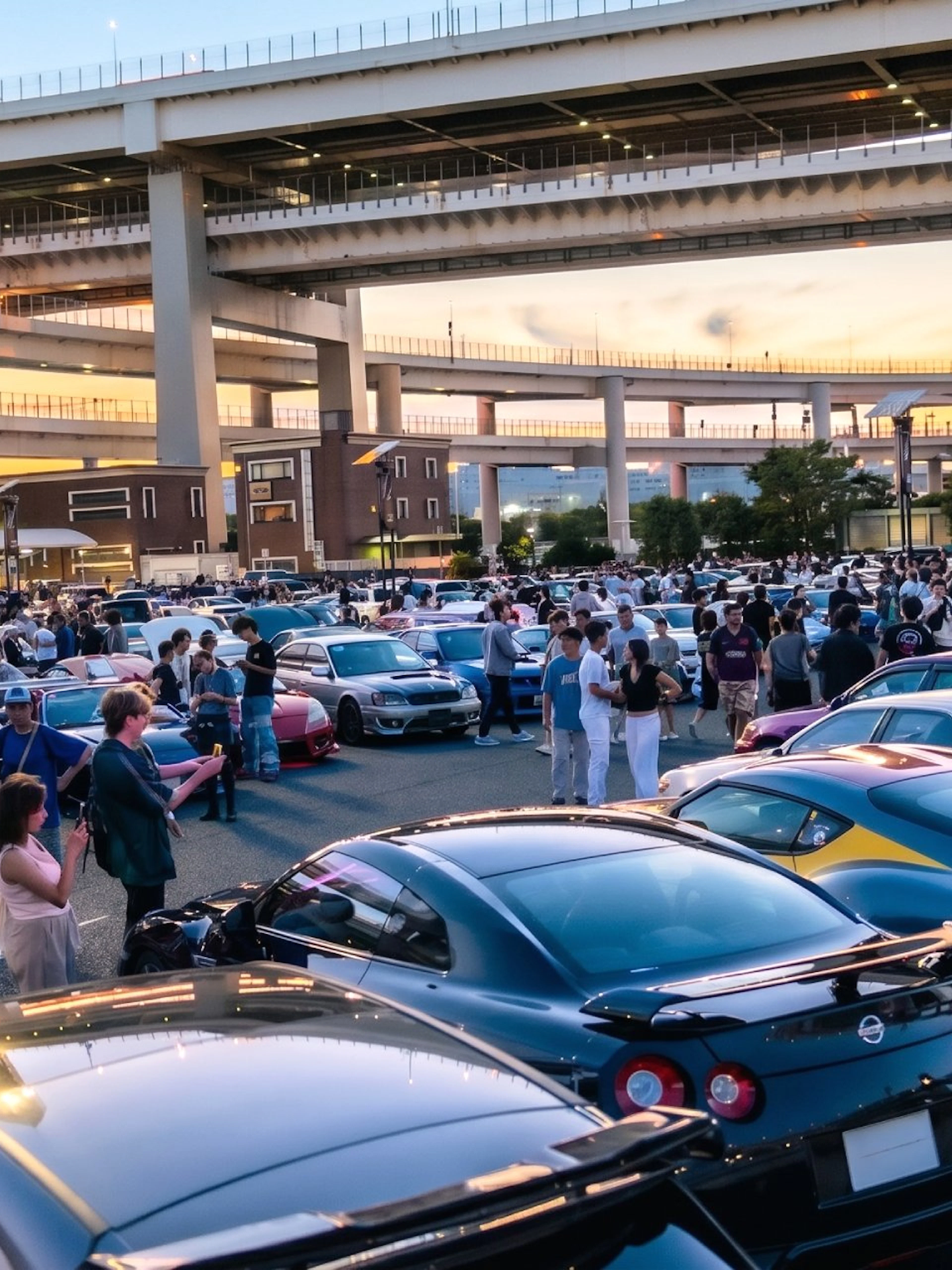 Car enthusiasts gather at Daikoku PA in Tokyo, showcasing diverse vehicles under highway overpasses.