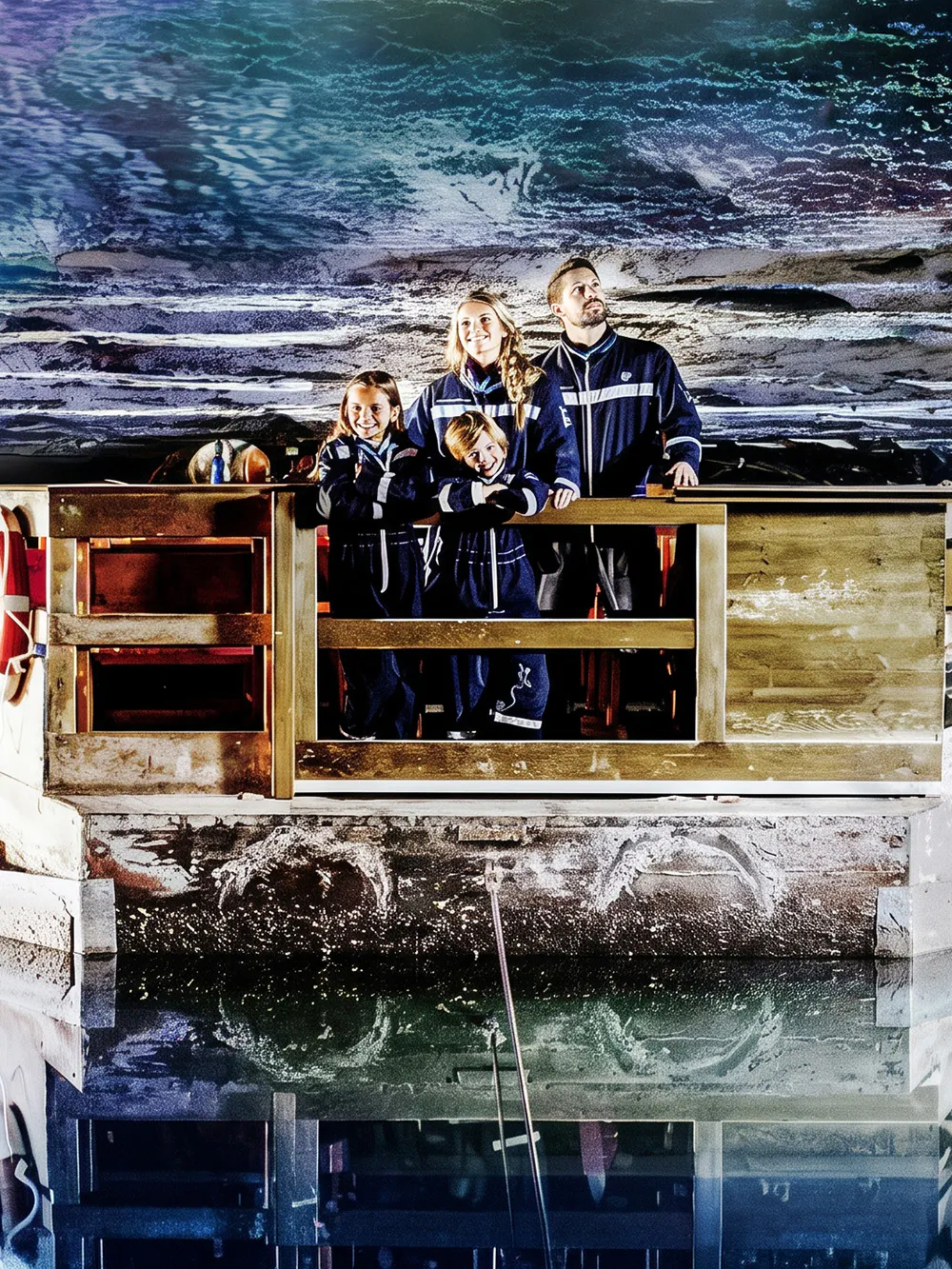 Family exploring Berchtesgaden Salt Mine in Bavaria, standing on a wooden platform.