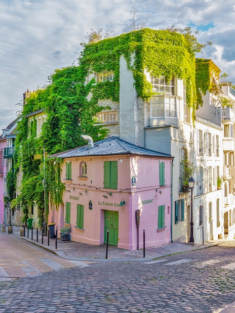 Cobbled street in Montmartre, Paris with ivy-covered buildings and a view of the city.