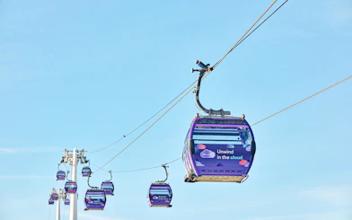 IFS Cloud Cable Car in London against a clear blue sky.