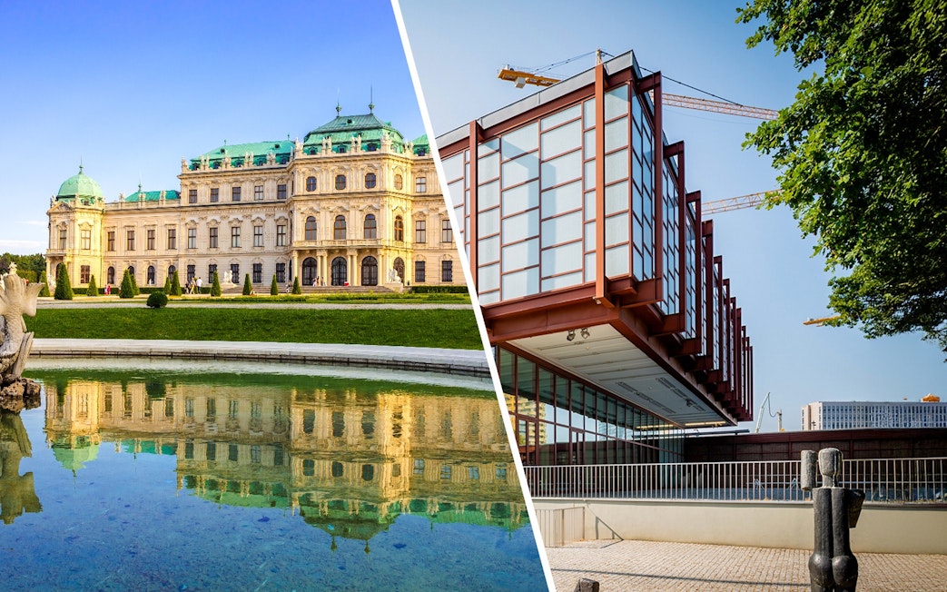 Belvedere Palace in Vienna with its reflection in a pond, alongside a modern building.