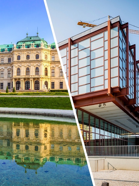 Belvedere Palace in Vienna with its reflection in a pond, alongside a modern building.