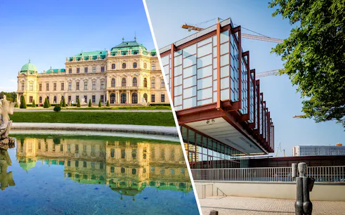 Belvedere Palace in Vienna with its reflection in a pond, alongside a modern building.