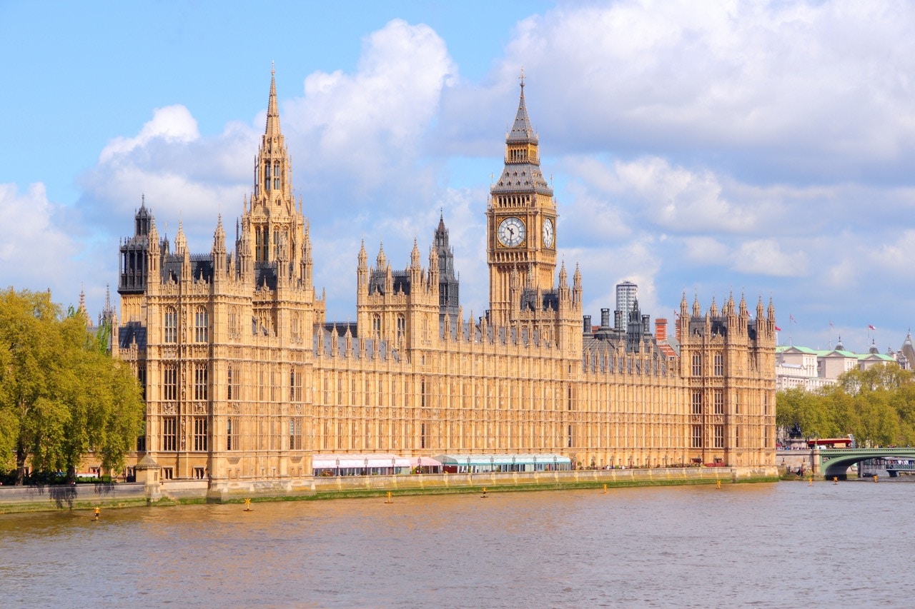 Westminster Palace and Big Ben by the River Thames in London.