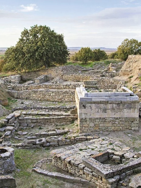 Ancient ruins of Troy with stone walls and greenery, part of a full-day tour from Istanbul.