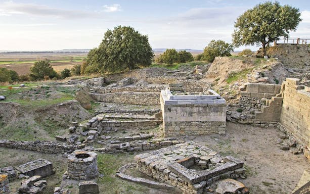 Ancient ruins of Troy with stone walls and greenery, part of a full-day tour from Istanbul.