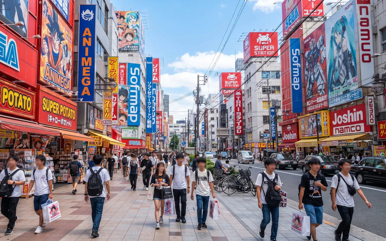 Walking tour in Osaka's Den Den Town with anime and retro game shops.