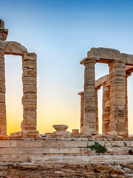 Temple of Poseidon at sunset, Cape Sounion, Greece.