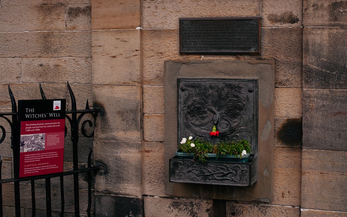 Witches' Well memorial in Edinburgh commemorating witch trials of the 1500s and 1600s.