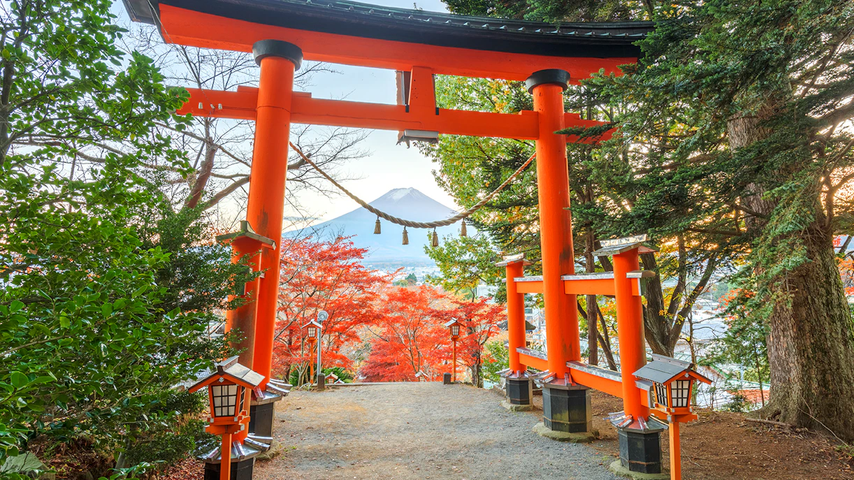 Entrance gate to Arakura Sengen Shrine with Mt. Fuji in the background, Fujiyoshida, Japan.