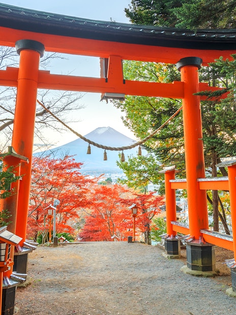 Entrance gate to Arakura Sengen Shrine with Mt. Fuji in the background, Fujiyoshida, Japan.