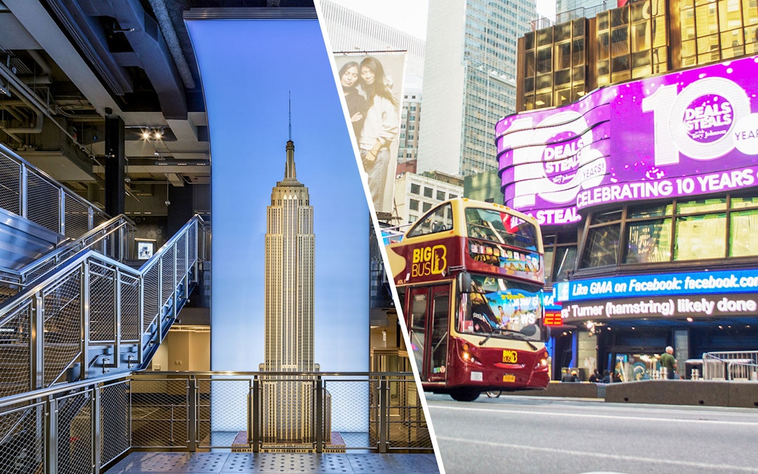 Empire State Building interior and Big Bus tour in Times Square, New York City.