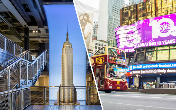 Empire State Building interior and Big Bus tour in Times Square, New York City.