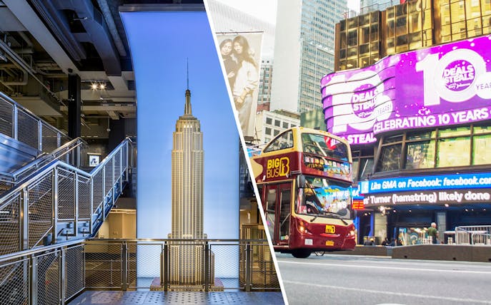 Empire State Building interior and Big Bus tour in Times Square, New York City.